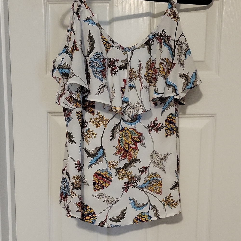 Avenue Cream Ruffled Asymmetrical Blouse